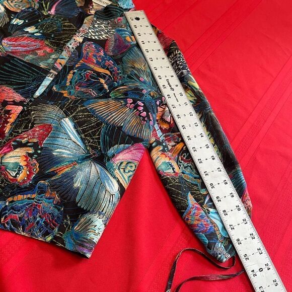 Chico's Bold Butterfly Print Open 3/4 Tie Sleeve 100% Silk Jacket Sz 0 US Small - Picture 10 of 13